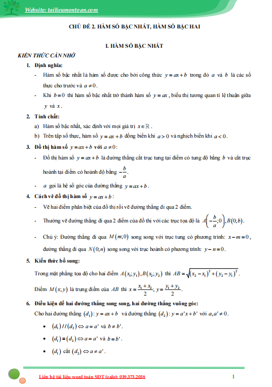 Chuyên đề hàm số bậc nhất, hàm số bậc hai ôn thi vào lớp 10